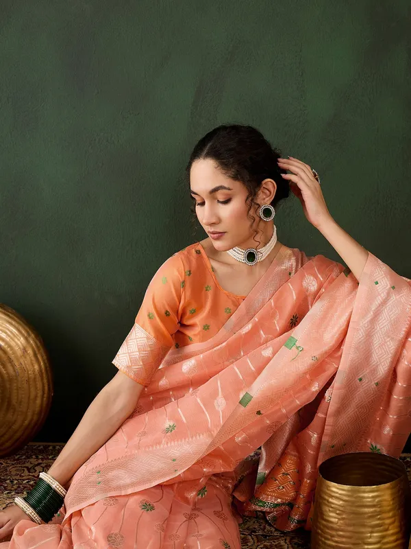 Orange_Cotton_Blend_Woven_Banarasi_Saree_With_Unstitched_Blouse_For_Women
