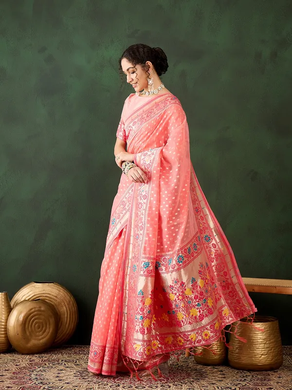 Brown_Cotton_Blend_Woven_Banarasi_Saree_With_Unstitched_Blouse_For_Women