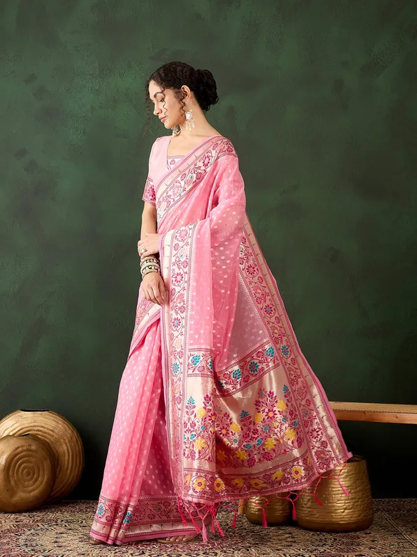 Pink_Cotton_Blend_Woven_Banarasi_Saree_With_Unstitched_Blouse_For_Women