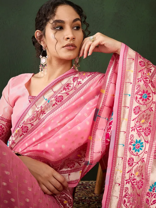 Pink_Cotton_Blend_Woven_Banarasi_Saree_With_Unstitched_Blouse_For_Women