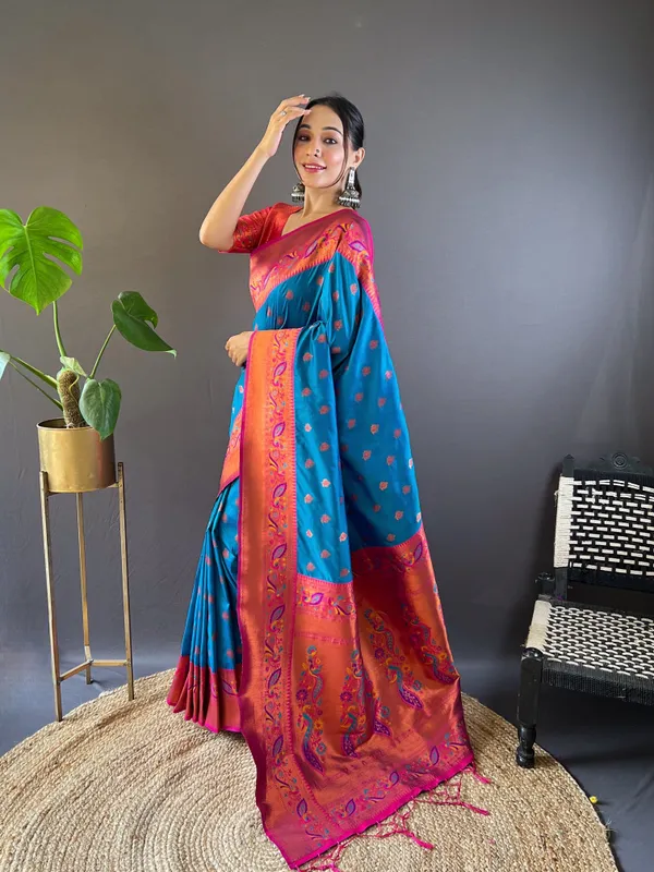 Blue_Art_Silk_Self_Design_Paithani_Saree_With_Unstitched_Blouse_For_Women