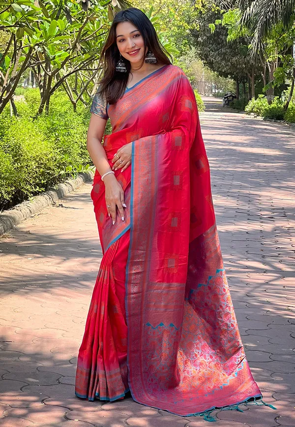 Red_Art_Silk_Self_Design_Kanjivaram_Saree_With_Unstitched_Blouse_For_Women