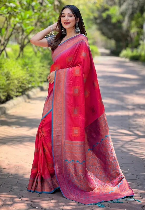 Red_Art_Silk_Self_Design_Kanjivaram_Saree_With_Unstitched_Blouse_For_Women