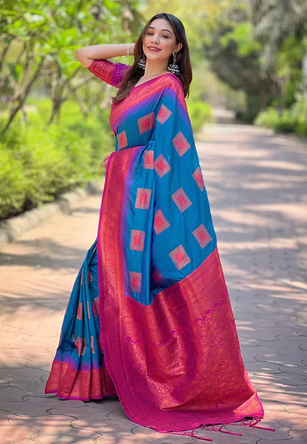 Blue_Art_Silk_Self_Design_Kanjivaram_Saree_With_Unstitched_Blouse_For_Women