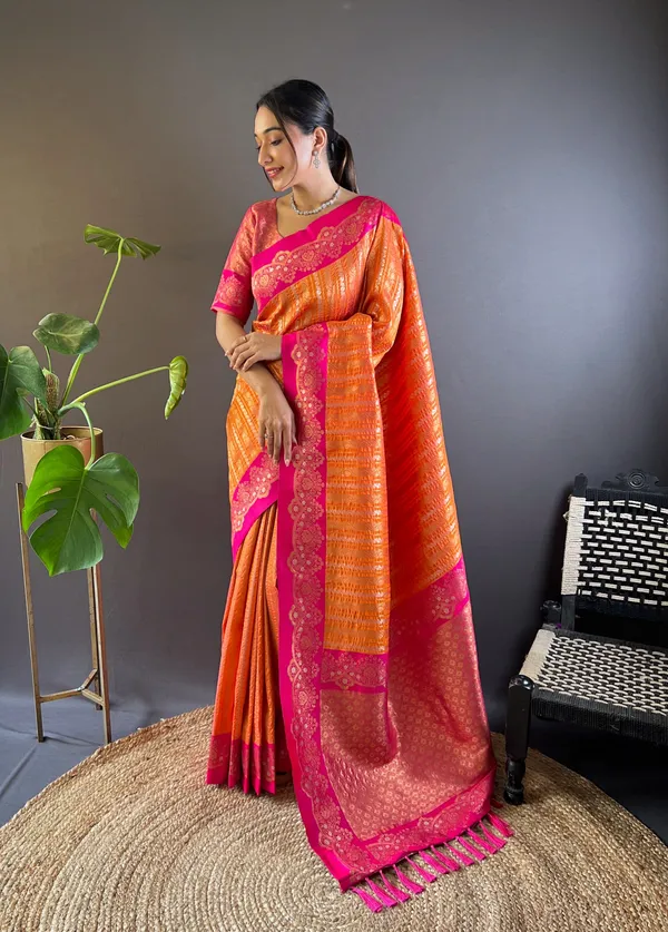 Orange_Art_Silk_Self_Design_Kanjivaram_Saree_With_Unstitched_Blouse_For_Women