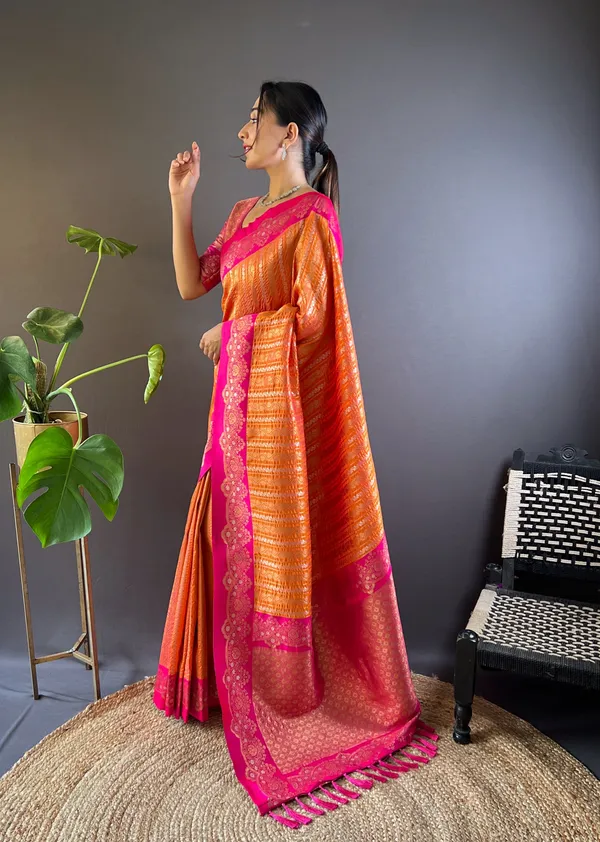 Orange_Art_Silk_Self_Design_Kanjivaram_Saree_With_Unstitched_Blouse_For_Women