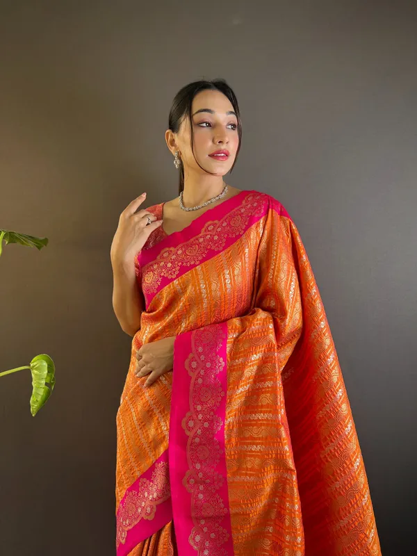 Orange_Art_Silk_Self_Design_Kanjivaram_Saree_With_Unstitched_Blouse_For_Women