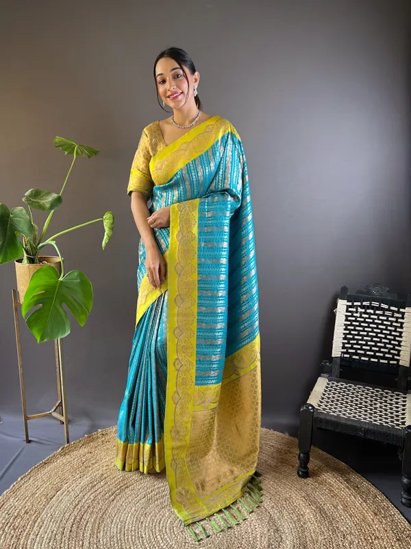 Blue_Art_Silk_Self_Design_Kanjivaram_Saree_With_Unstitched_Blouse_For_Women