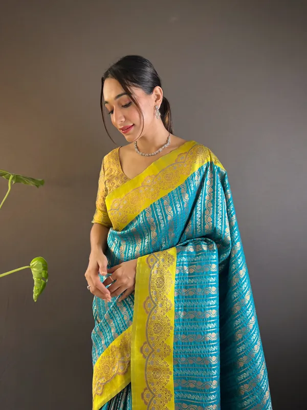 Blue_Art_Silk_Self_Design_Kanjivaram_Saree_With_Unstitched_Blouse_For_Women