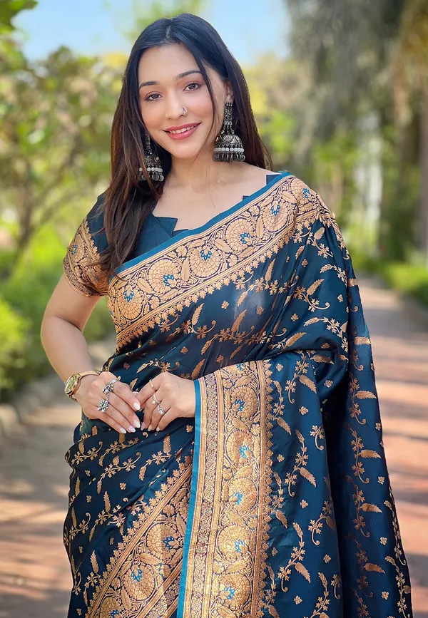 Blue_Art_Silk_Self_Design_Banarasi_Saree_With_Unstitched_Blouse_For_Women