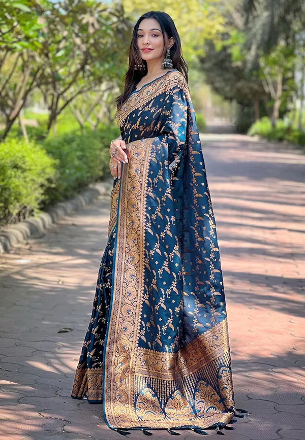 Blue_Art_Silk_Self_Design_Banarasi_Saree_With_Unstitched_Blouse_For_Women