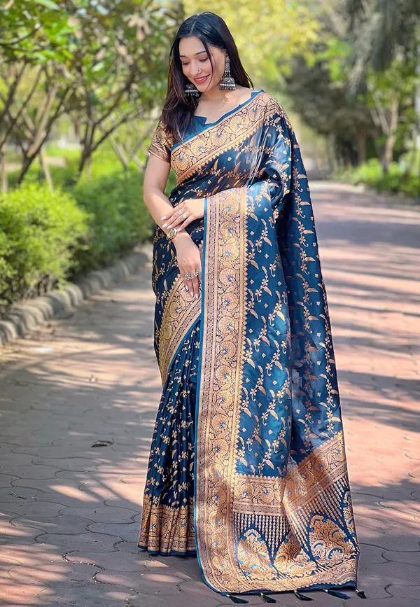 Blue_Art_Silk_Self_Design_Banarasi_Saree_With_Unstitched_Blouse_For_Women