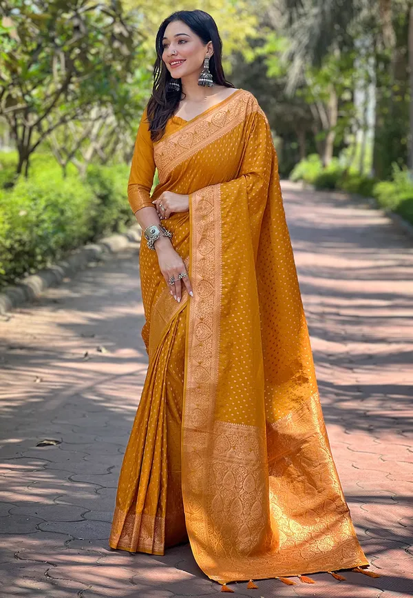 Mustard_Art_Silk_Self_Design_Banarasi_Saree_With_Unstitched_Blouse_For_Women