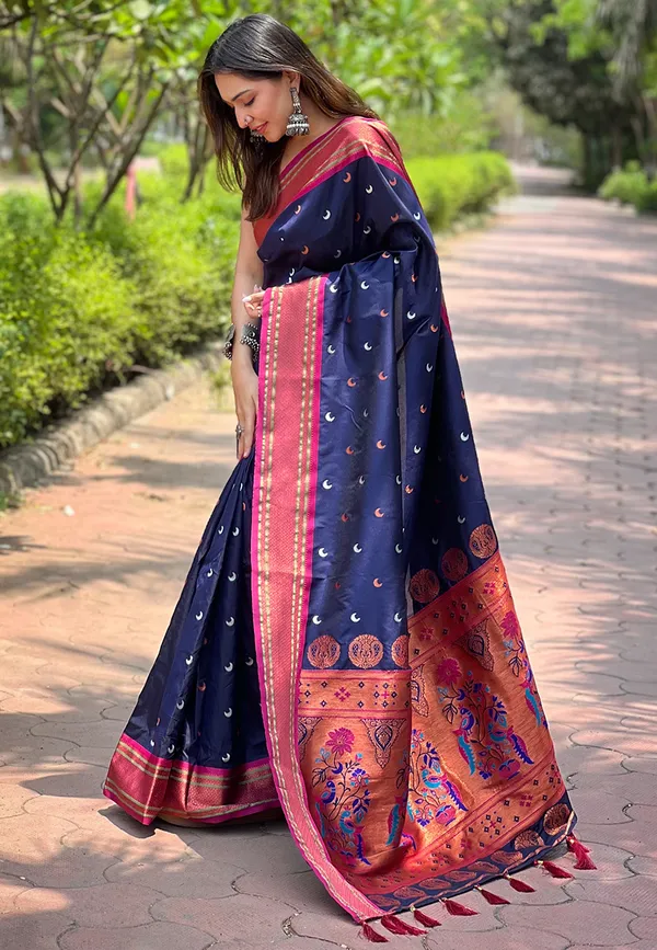 Dark_Blue_Art_Silk_Self_Design_Paithani_Saree_With_Unstitched_Blouse_For_Women