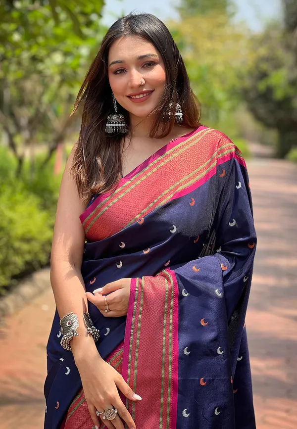 Dark_Blue_Art_Silk_Self_Design_Paithani_Saree_With_Unstitched_Blouse_For_Women