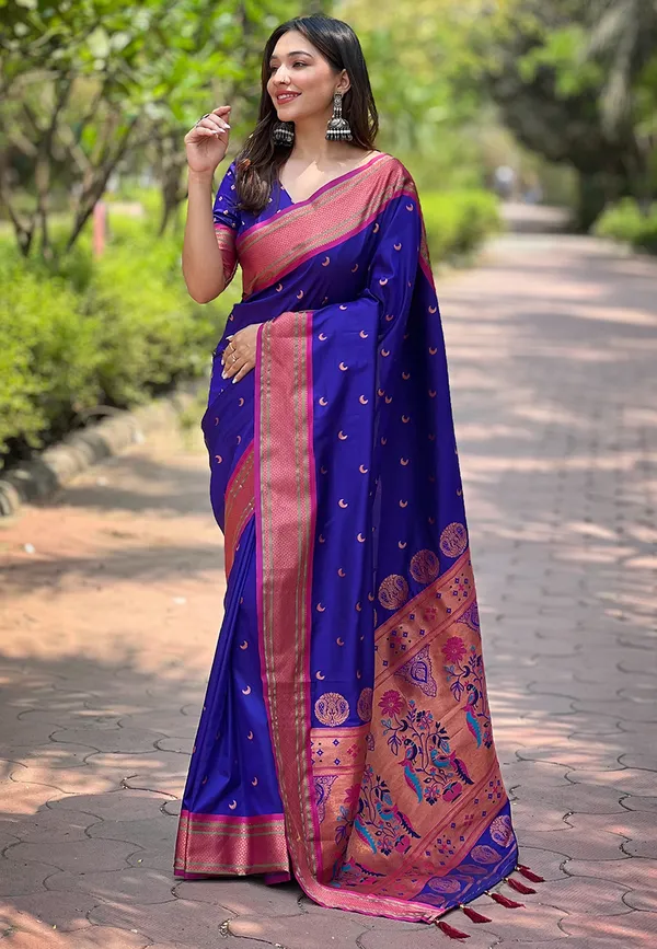 Dark_Blue_Art_Silk_Self_Design_Paithani_Saree_With_Unstitched_Blouse_For_Women