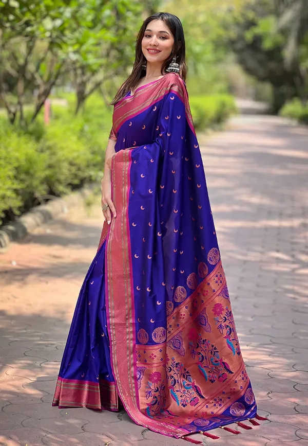 Dark_Blue_Art_Silk_Self_Design_Paithani_Saree_With_Unstitched_Blouse_For_Women