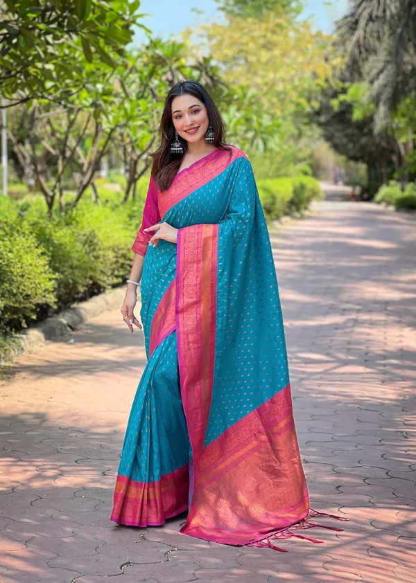 Blue_Art_Silk_Self_Design_Kanjivaram_Saree_With_Unstitched_Blouse_For_Women