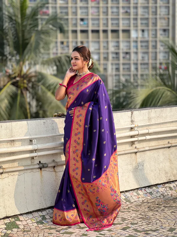Dark_Blue_Art_Silk_Self_Design_Paithani_Saree_With_Unstitched_Blouse_For_Women