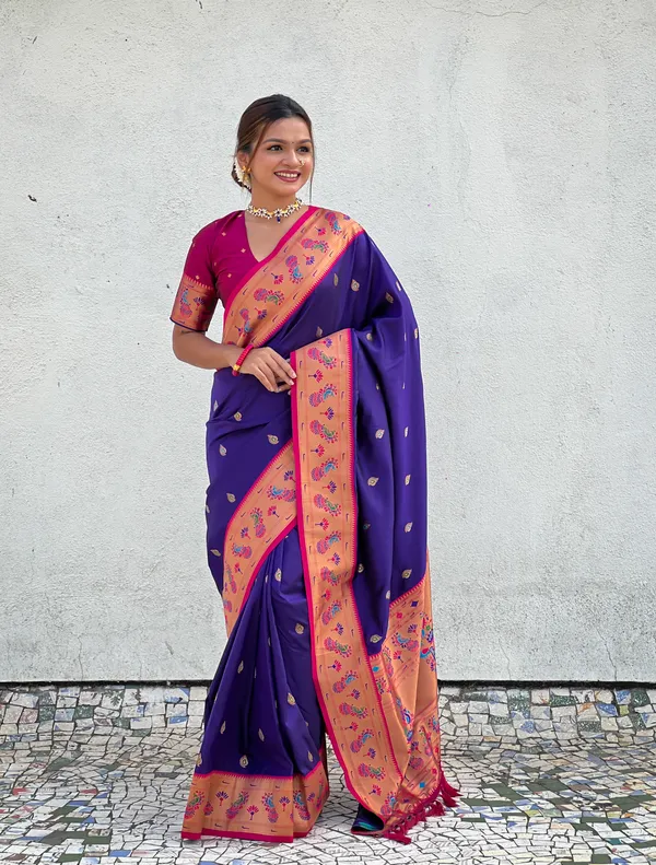 Dark_Blue_Art_Silk_Self_Design_Paithani_Saree_With_Unstitched_Blouse_For_Women