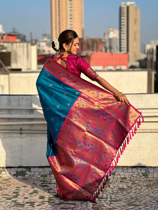 Blue_Art_Silk_Self_Design_Paithani_Saree_With_Unstitched_Blouse_For_Women