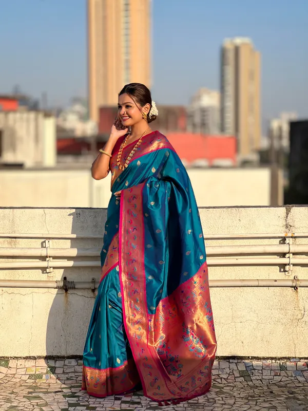 Blue_Art_Silk_Self_Design_Paithani_Saree_With_Unstitched_Blouse_For_Women