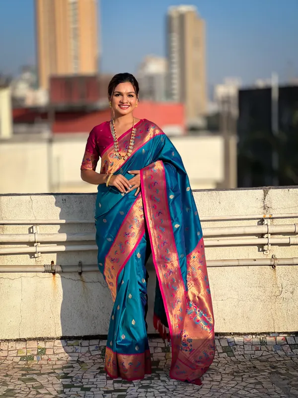 Blue_Art_Silk_Self_Design_Paithani_Saree_With_Unstitched_Blouse_For_Women