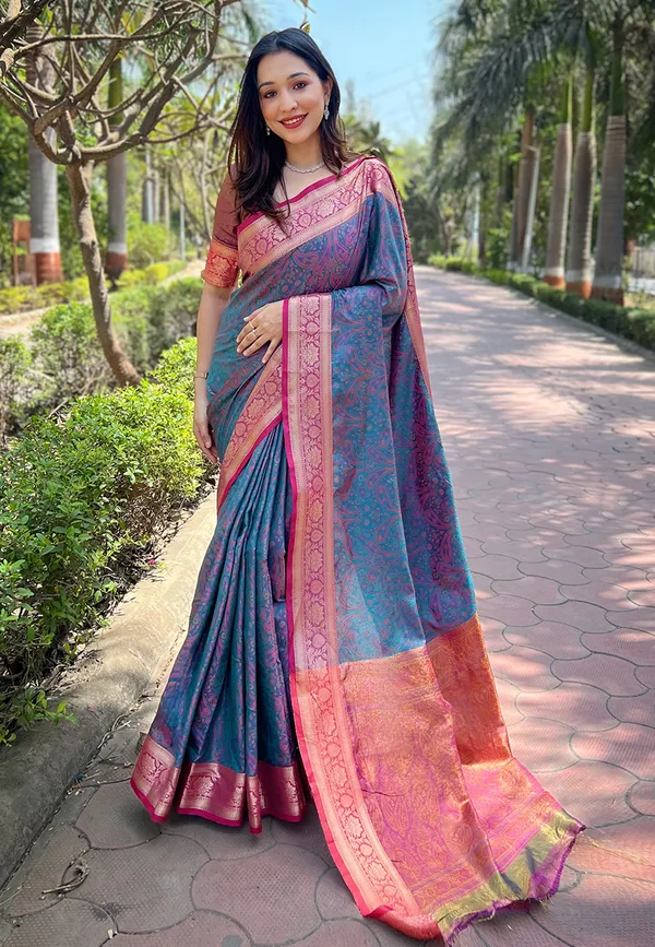 Blue_Art_Silk_Self_Design_Kanjivaram_Saree_With_Unstitched_Blouse_For_Women