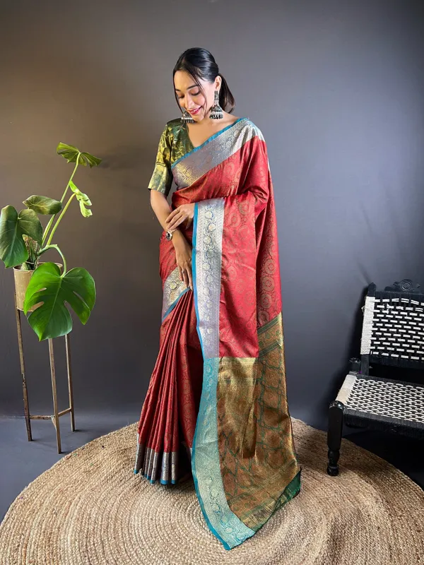 Red_Art_Silk_Self_Design_Kanjivaram_Saree_With_Unstitched_Blouse_For_Women
