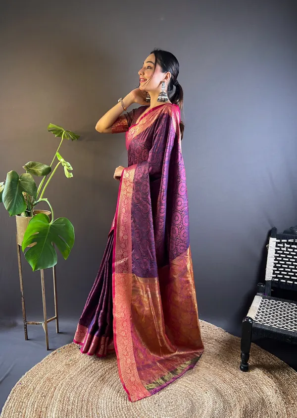 Dark_Blue_Art_Silk_Self_Design_Kanjivaram_Saree_With_Unstitched_Blouse_For_Women
