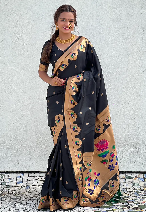 Black_Art_Silk_Self_Design_Paithani_Saree_With_Unstitched_Blouse_For_Women
