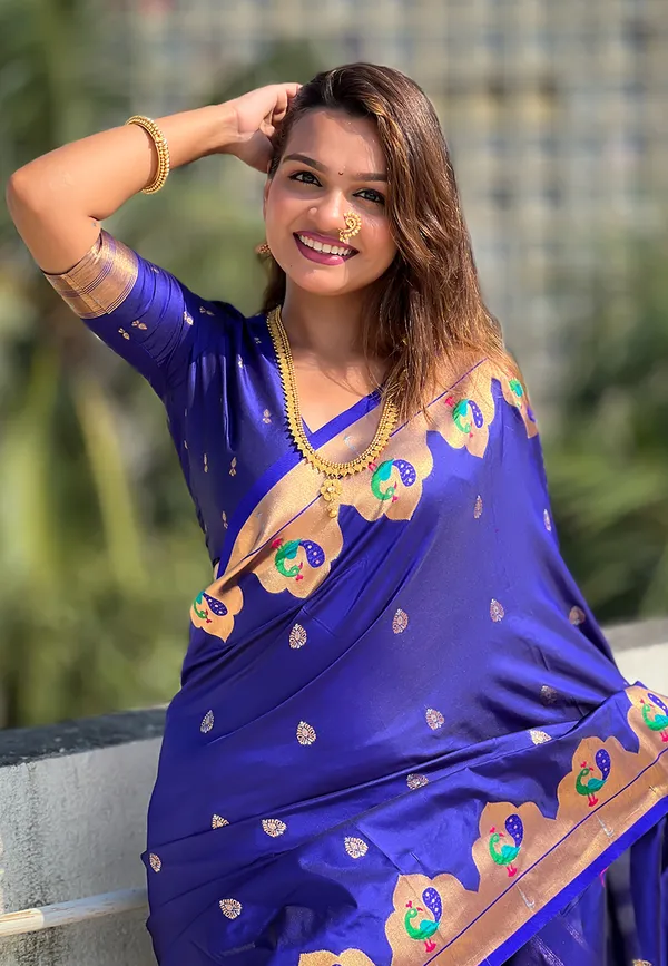 Dark_Blue_Art_Silk_Self_Design_Paithani_Saree_With_Unstitched_Blouse_For_Women