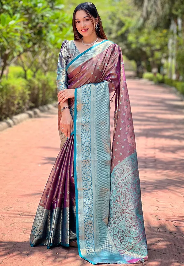 Purple_&_Blue_Art_Silk_Printed_Kanjivaram_Saree_With_Unstitched_Blouse_For_Women