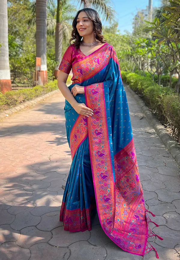 Blue_Art_Silk_Self_Design_Paithani_Saree_With_Unstitched_Blouse_For_Women