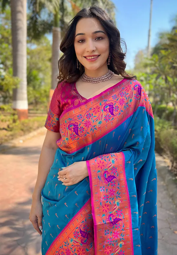 Blue_Art_Silk_Self_Design_Paithani_Saree_With_Unstitched_Blouse_For_Women