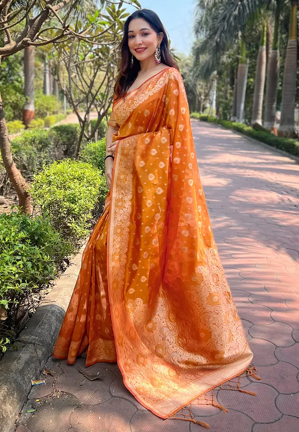 Orange_Art_Silk_Self_Design_Kanjivaram_Saree_With_Unstitched_Blouse_For_Women