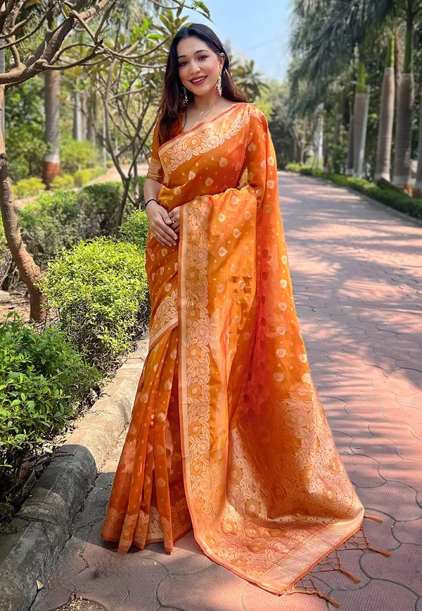 Orange_Art_Silk_Self_Design_Kanjivaram_Saree_With_Unstitched_Blouse_For_Women