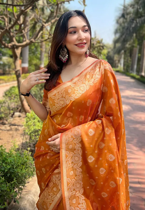 Orange_Art_Silk_Self_Design_Kanjivaram_Saree_With_Unstitched_Blouse_For_Women