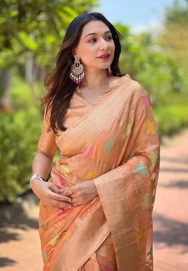 Orange_Art_Silk_Self_Design_Kanjivaram_Saree_With_Unstitched_Blouse_For_Women