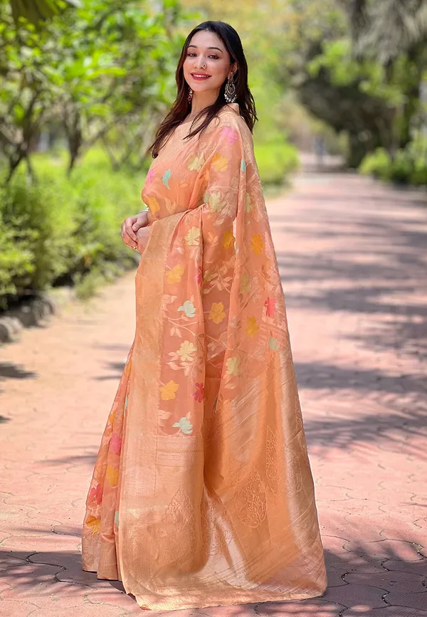 Orange_Art_Silk_Self_Design_Kanjivaram_Saree_With_Unstitched_Blouse_For_Women