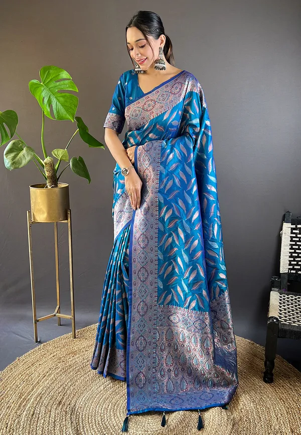 Blue_Art_Silk_Self_Design_Kanjivaram_Saree_With_Unstitched_Blouse_For_Women
