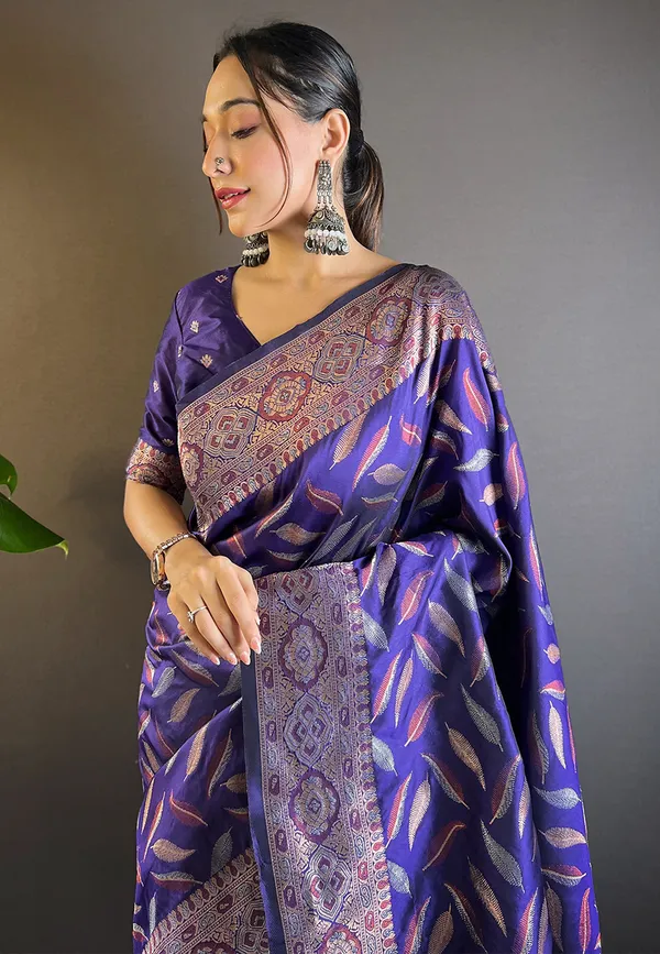 Dark_Blue_Art_Silk_Self_Design_Kanjivaram_Saree_With_Unstitched_Blouse_For_Women
