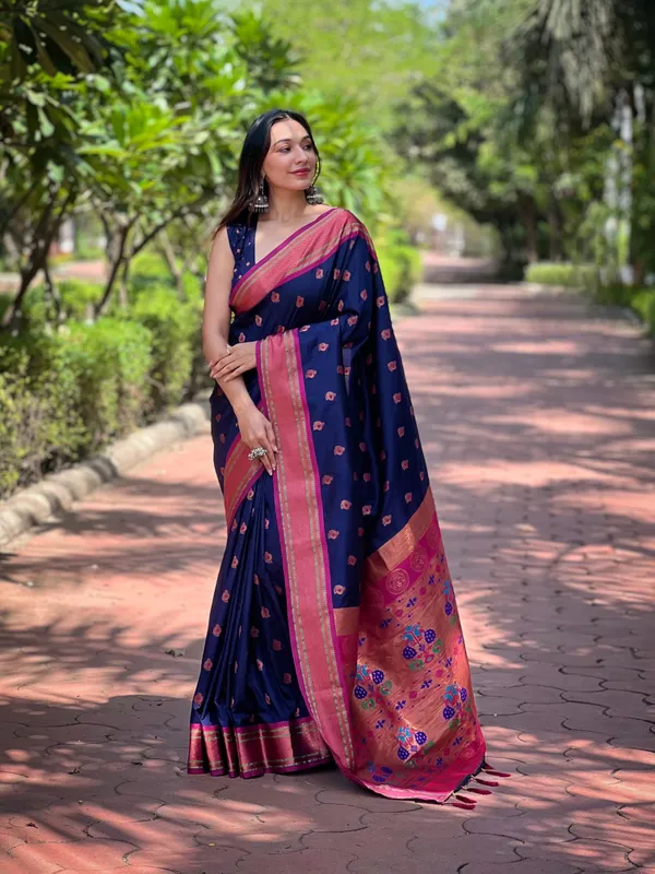 Dark_Blue_Art_Silk_Self_Design_Paithani_Saree_With_Unstitched_Blouse_For_Women