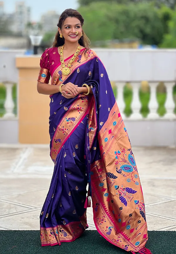 Dark_Blue_Art_Silk_Self_Design_Paithani_Saree_With_Unstitched_Blouse_For_Women
