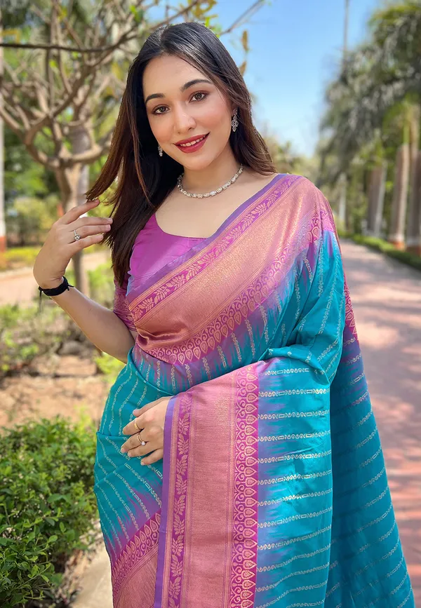 Blue_Art_Silk_Self_Design_Kanjivaram_Saree_With_Unstitched_Blouse_For_Women