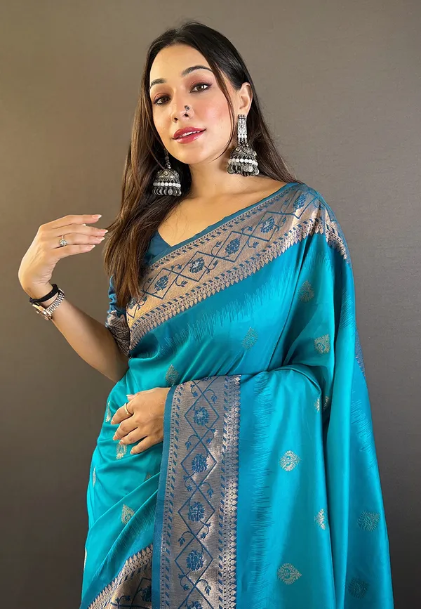 Blue_Art_Silk_Self_Design_Kanjivaram_Saree_With_Unstitched_Blouse_For_Women