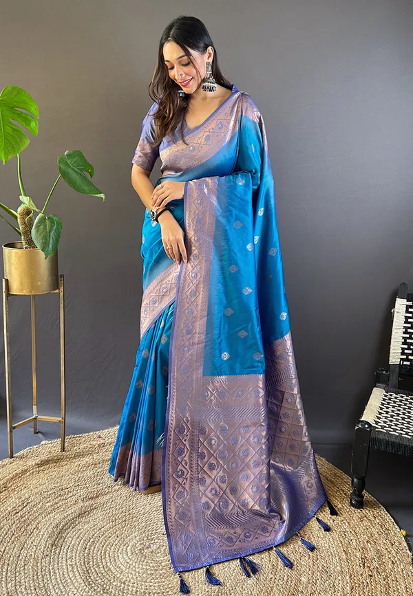 Blue_Art_Silk_Self_Design_Kanjivaram_Saree_With_Unstitched_Blouse_For_Women
