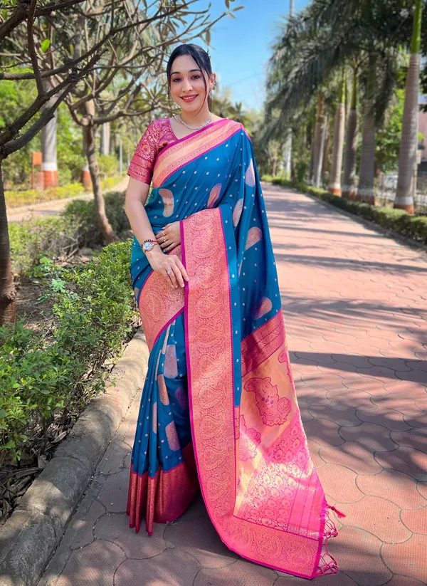 Blue_Art_Silk_Self_Design_Kanjivaram_Saree_With_Unstitched_Blouse_For_Women