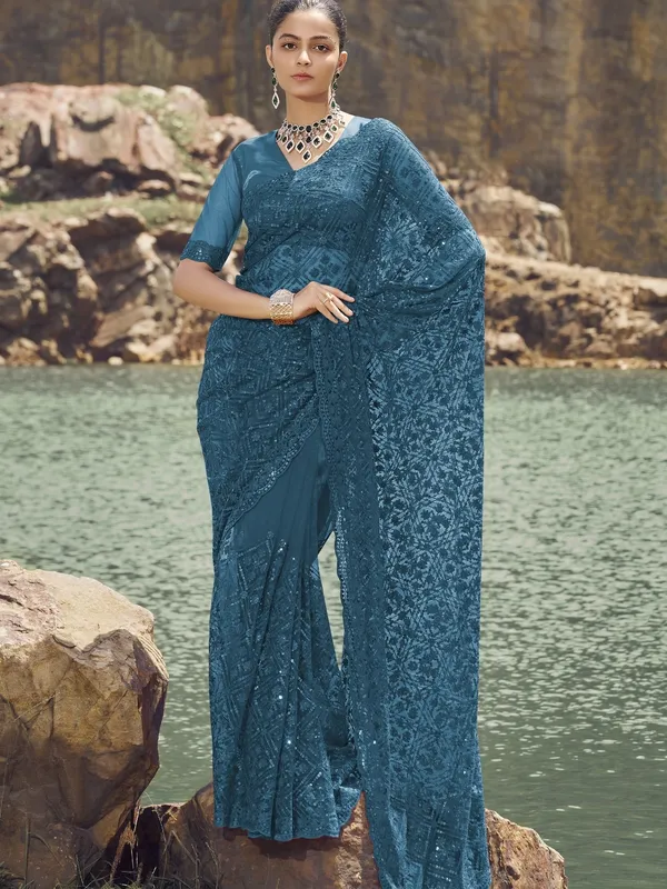 Blue_Net_Embellished_Bollywood_Saree_With_Unstitched_Blouse_For_Women