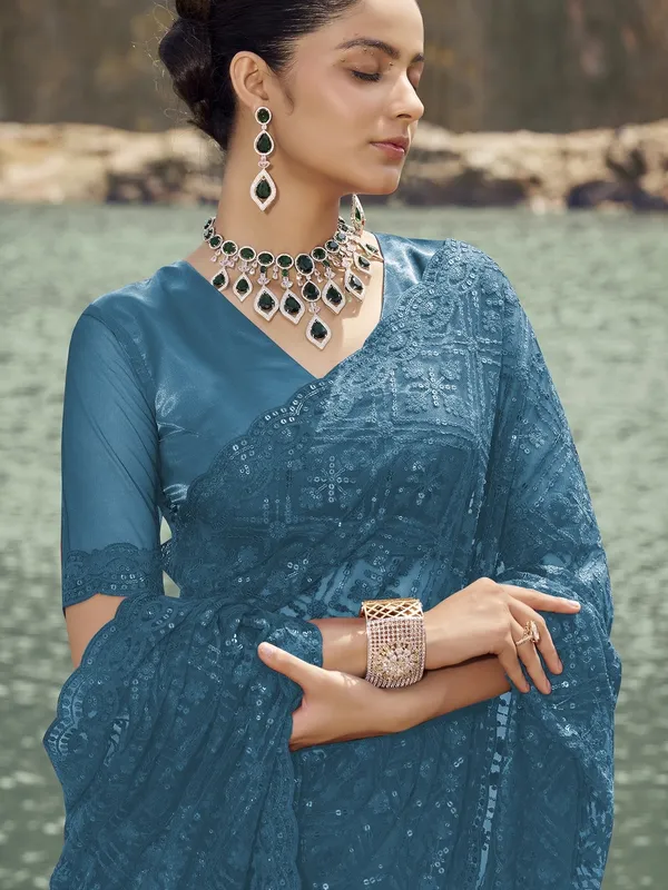 Blue_Net_Embellished_Bollywood_Saree_With_Unstitched_Blouse_For_Women